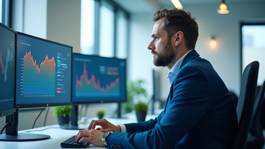 Moderne Büroumgebung mit Wirtschaftsfachleuten, die an Computern arbeiten und wirtschaftliche Daten analysieren